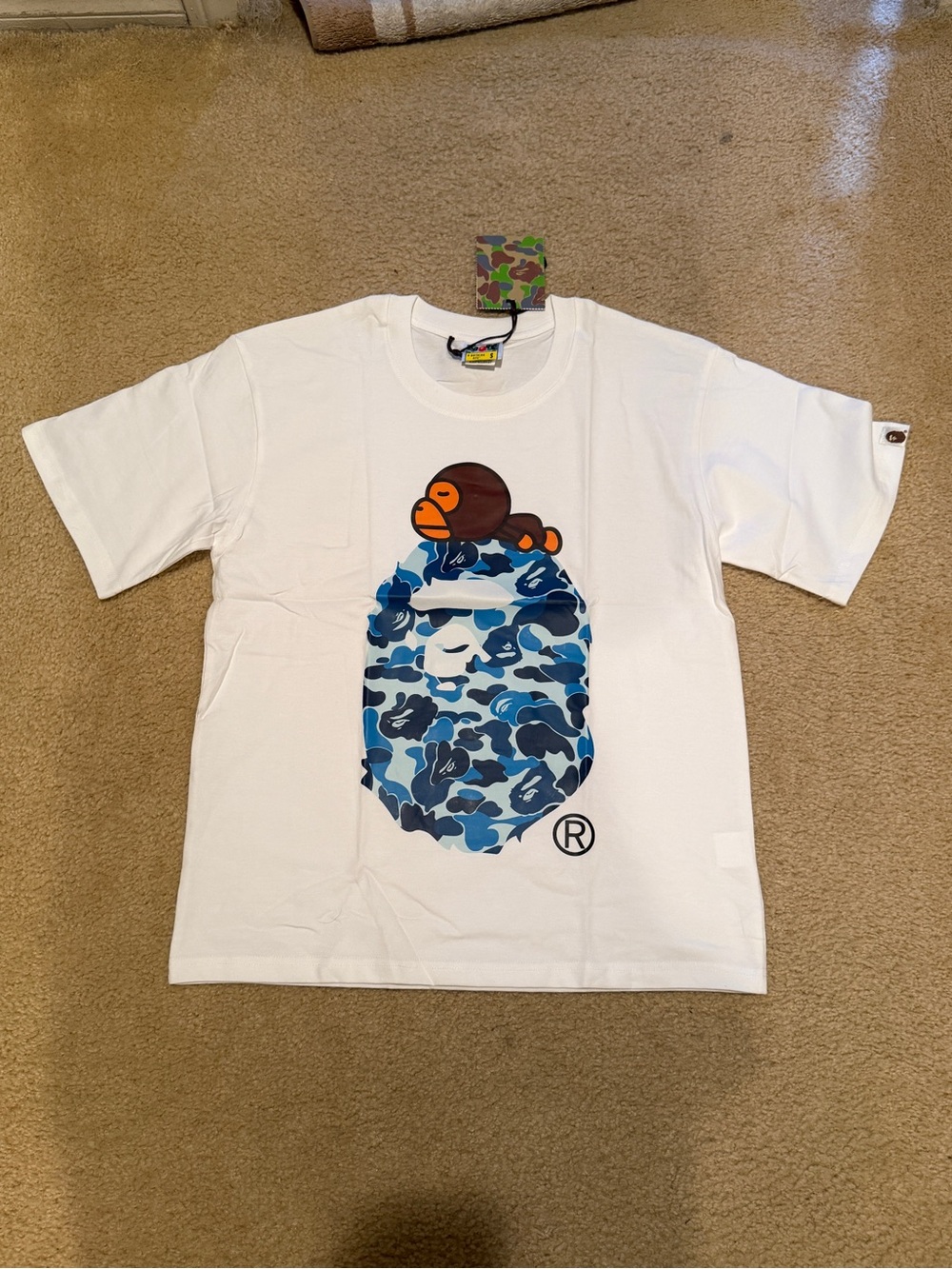 BAPE White Short Sleeve Tee with Blue Camo Ape Head and Brown Ape Graphic